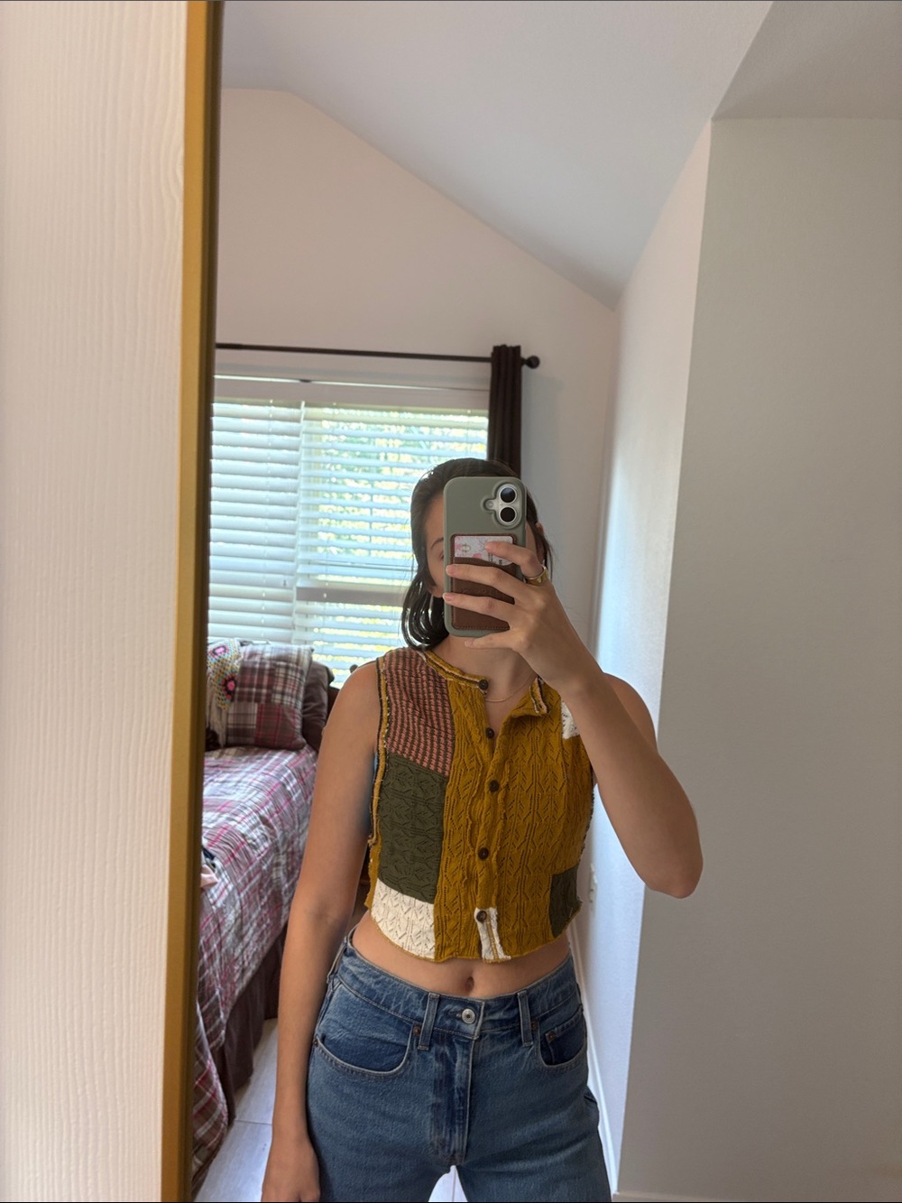 Free People Multi-Panel Knit Cropped Button Tank in Mustard, Olive & Cream